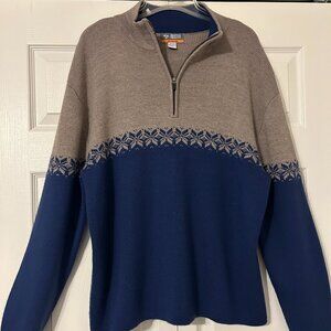 Mens MEISTER Sz L Gray & Blue 1/4 Zip Wool Blend Nordic Fair Isle Sweater